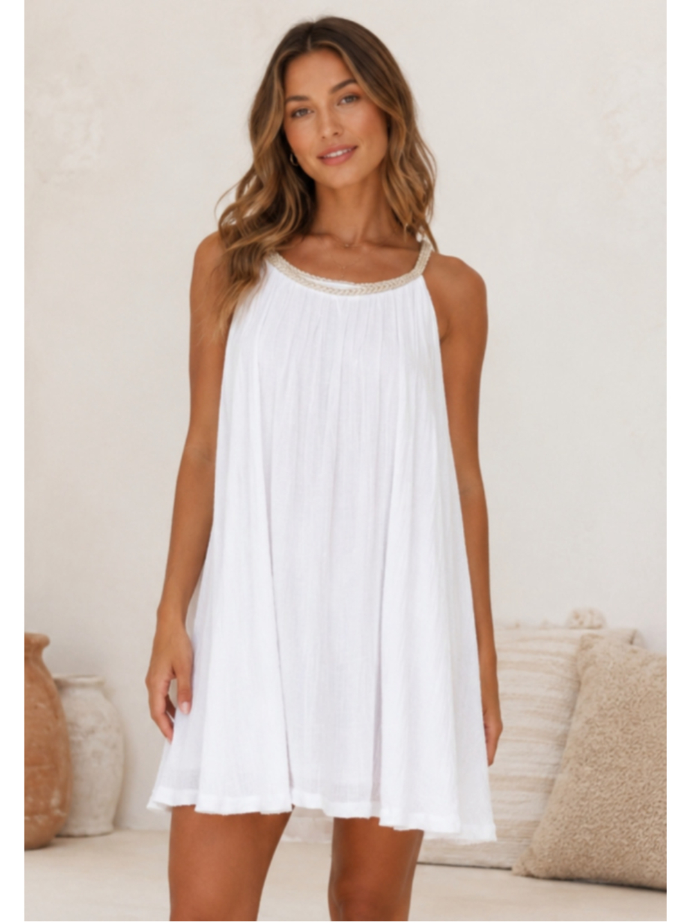 India Boutique Gold Braided Strap White Swing Flowy Dress M/L